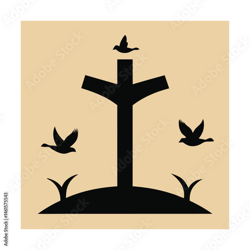 Symbolic cross with birds flying in silhouette depicting peace and religious themes