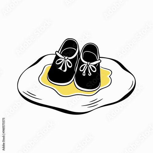 Cute black shoes placed on an egg yolk illustration  