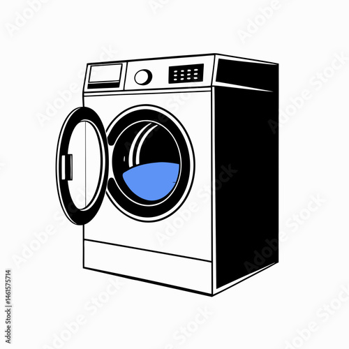 Washing machine illustration with open door and blue water  