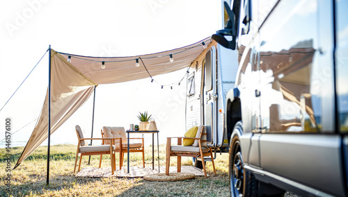  Stylish RV Campsite Setup with Awning & Outdoor Furniture by the Sea: Sunny Glamping & Van Life Getaway. Modern Travel Lifestyle