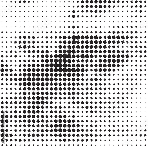 A dense of overlapping black and white circles creates a dynamic abstract