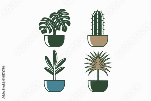 Four Potted Plants in Minimalist Style with Green and Earthy Tones  