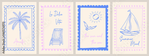 Stamp la dolce vita vintage posters. Summer Italy. Vintage vector print, wall art vector travel postcard stamp, summer engraving emblem, placard or poster. 