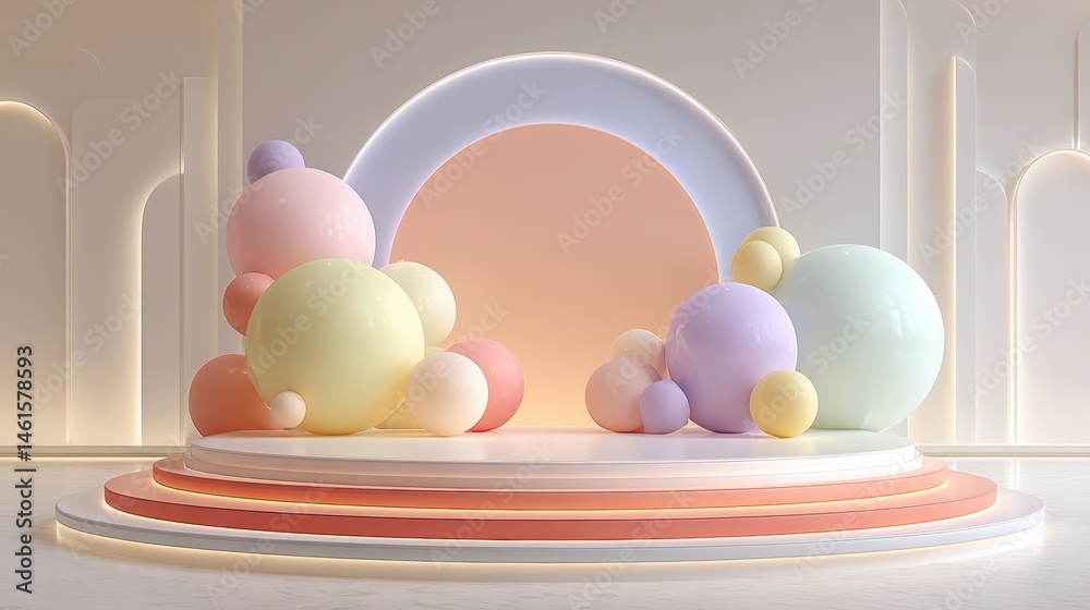 Fototapeta premium Stylish product podium with pastel geometric balloons and minimalistic decoration, abstract background for creative presentations