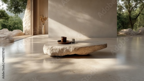 Modern, minimalist living room with natural elements.  Rustic,  earthy tones.  Natural light streams through the space, highlighting a stone coffee table