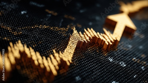 Futuristic gold rising arrow chart on digital abstract technology background, symbolizing business growth and investment