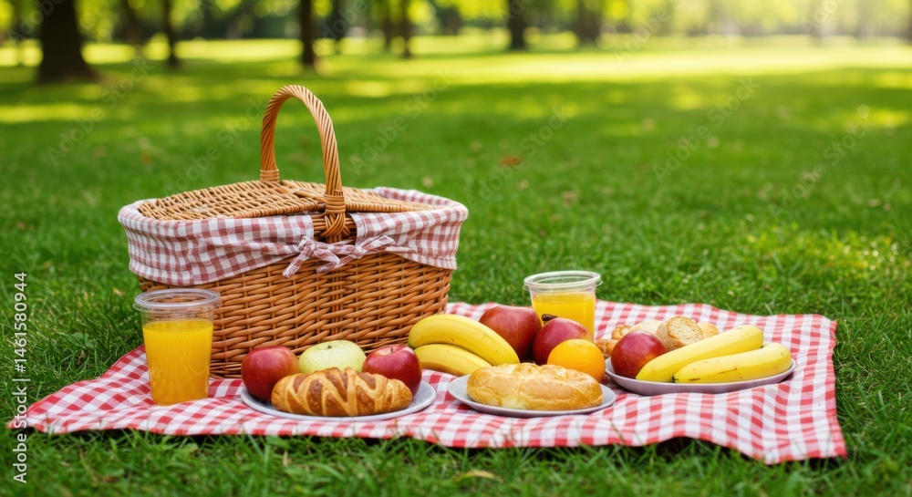 A picnic basket with food and drinks on a red and white checkered blanket in a grassy area outdoors A picnic basket with food and drinks on a red and white checkered blanket in a grassy area outdoors