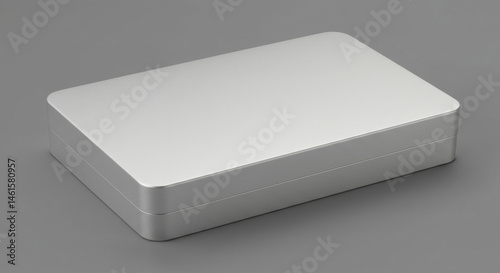 Modern silver metallic box resting on a gray surface. Product mockup showcasing a blank, neutral design for potential branding or promotional use.