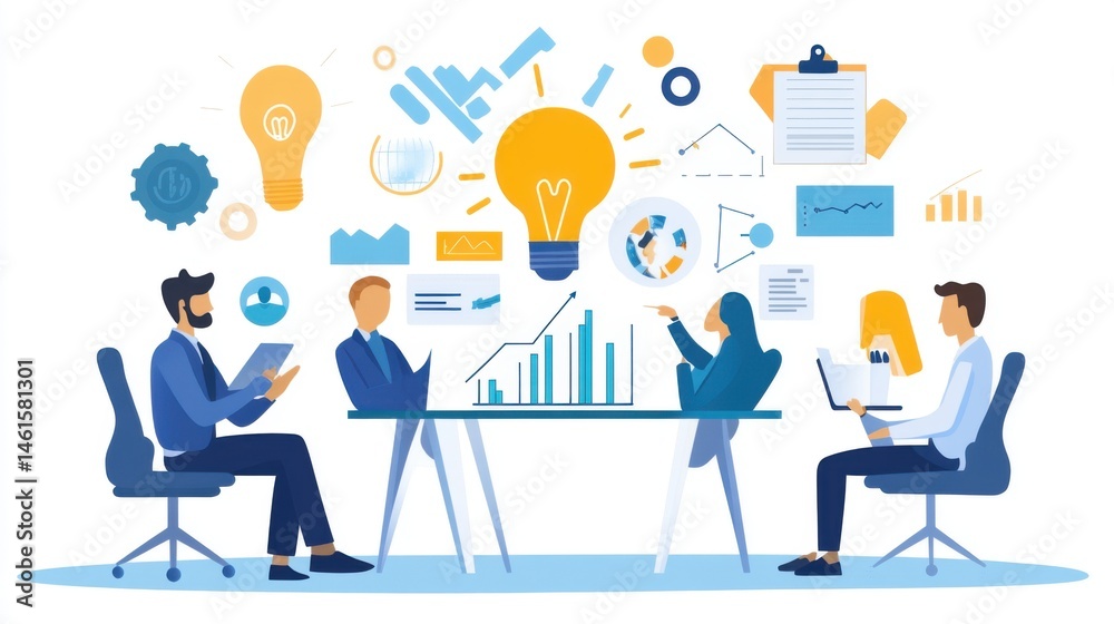 Illustrative collaborative business team generating innovative ideas in a meeting Illustrative collaborative business team generating innovative ideas in a meeting