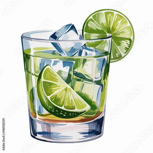 Caipirinha Cocktail with Lime, Ice Cubes and Mint Leaves