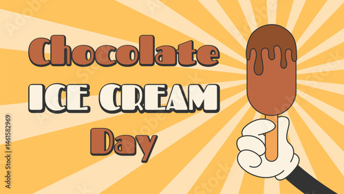 Groovy poster, postcard Chocolate Ice Cream bar Day. Gelato on stick on striped background. Hand drawn flat Vector illustration EPS10