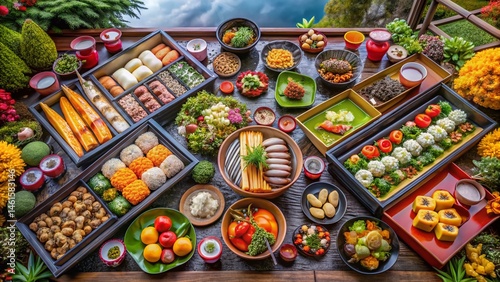 Aerial View of Osechi Ryori Feast: Traditional Japanese New Year's Food photo