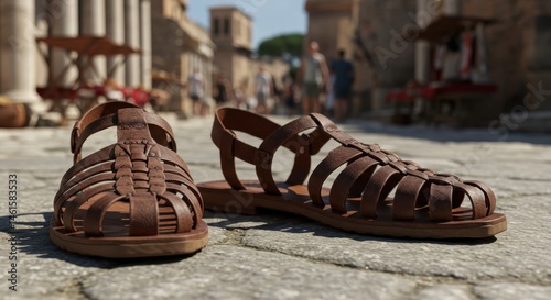 Brown Leather Gladiator Sandals on Ancient Roman Street photo