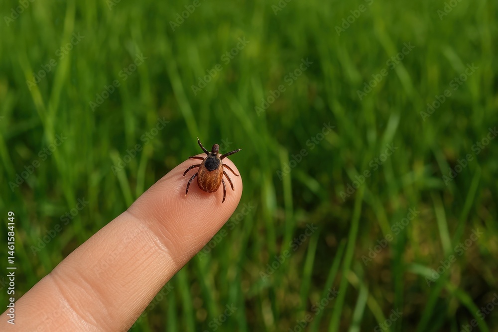 Obraz premium Macro image of a tick on a human finger with green grass background, illustrating danger of tick bites outdoors.