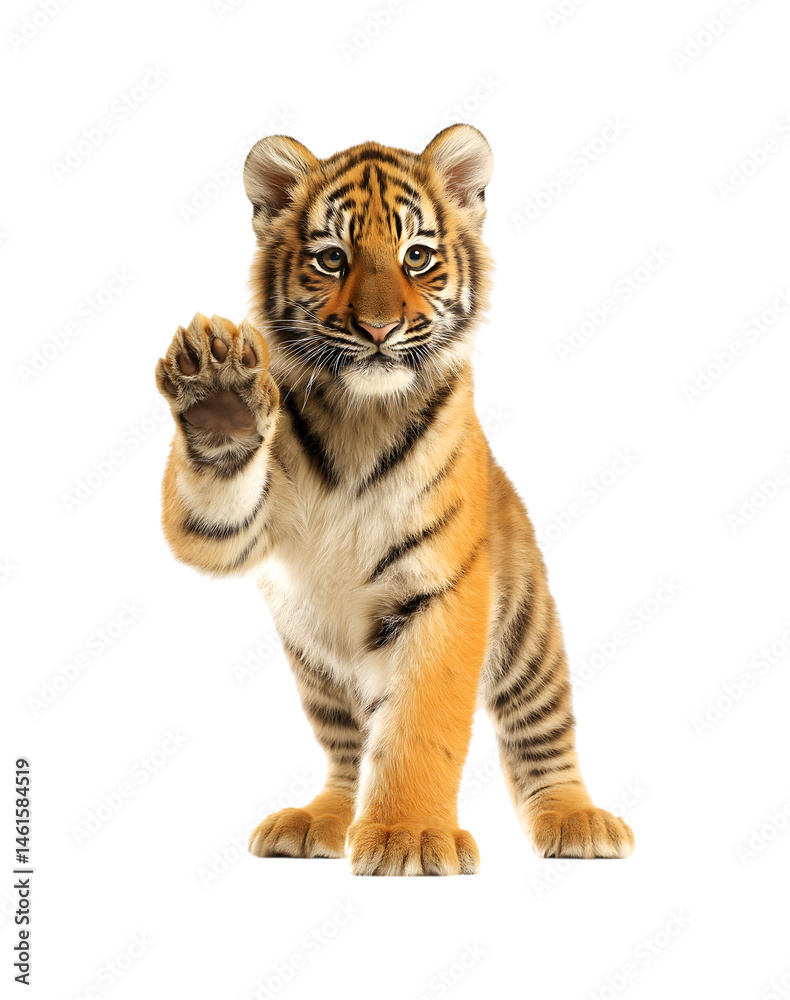 Obraz premium A standing tiger cub, one paw raised high in the air, displaying its front paws against a transparent background.
