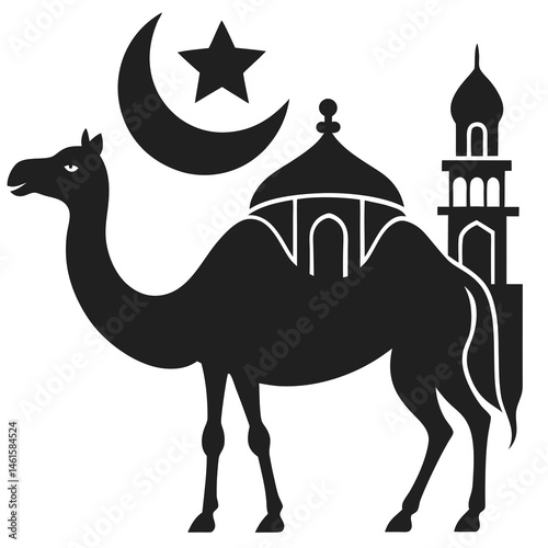 Camel with crescent moon and Islamic Mosque  silhouette vector illustration