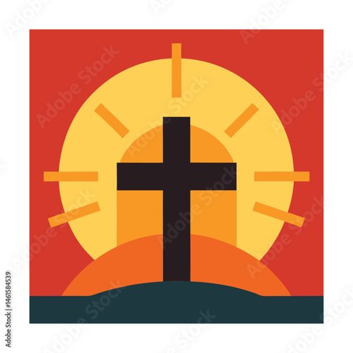 Symbolic illustration of a black cross with a rising sun against an orange sky