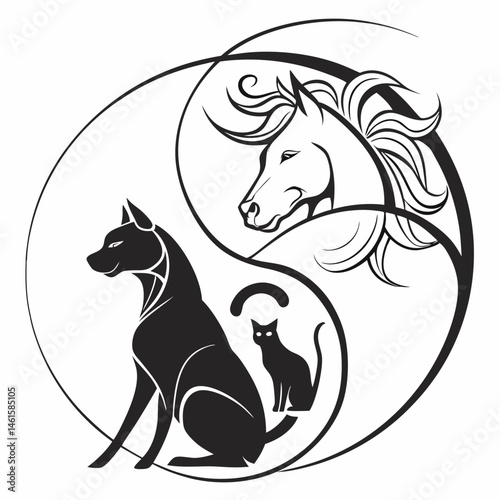 Elegant Yin Yang design featuring a horse dog and cat black and white stylized illustration perfect for pet lovers