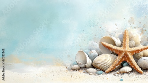 Orange starfish with bright watercolor hues on sandy ocean floor, arms spread wide with shells and rocks below.