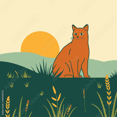 Illustration of a cat sitting near a sunset, suitable for nature-themed or relaxing content.