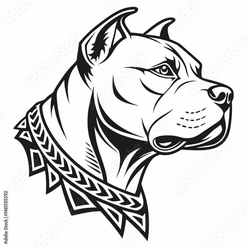 Powerful Pit Bull Head Profile Bold Black White Tribal Collar Design Striking Canine Portrait Strong Dog Image Fierce
