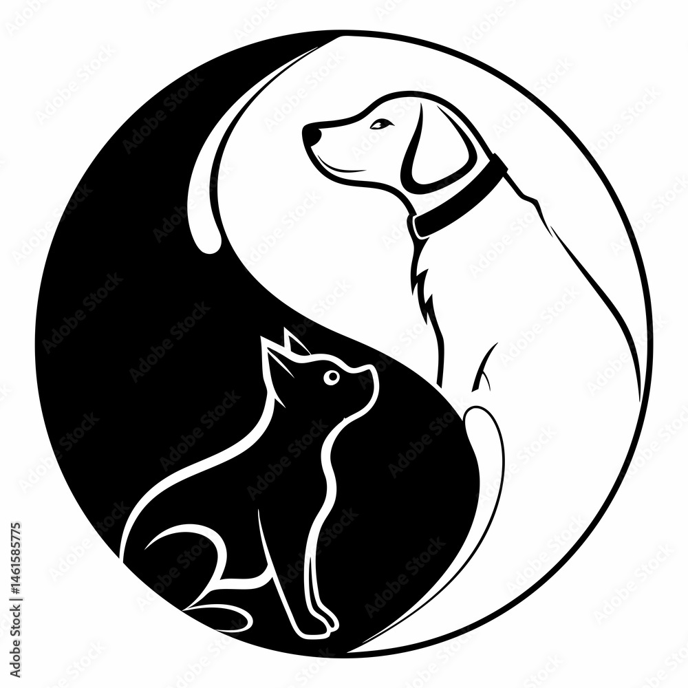 Obraz premium Yin Yang Dog and Cat Design Balance Harmony Pet Love in Monochrome Circular Art Stylish Black and White Vector