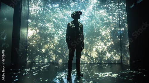 Silhouette figure immersed in a digital forest projection.