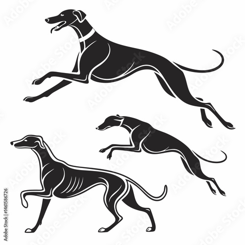 Elegant Greyhound Silhouettes Three stylized greyhounds in motion leaping dynamic black and white design vector art