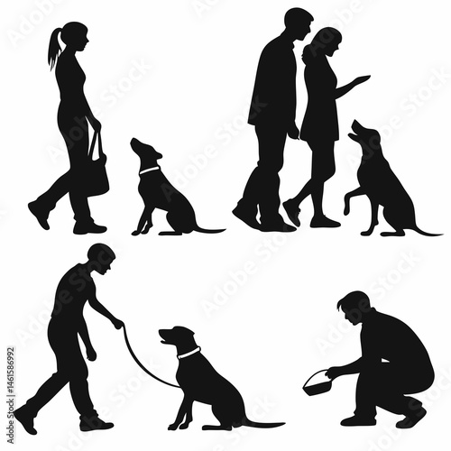 Silhouettes of people and dogs walking playing feeding Simple black and white vector illustration Perfect for pet lovers
