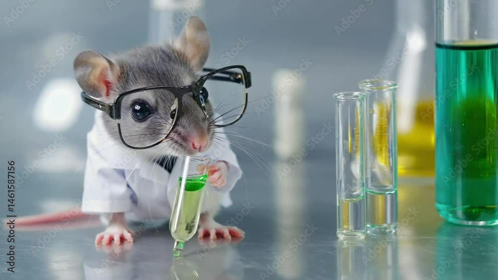 Rat scientist in lab coat with test tube, examining chemical solution