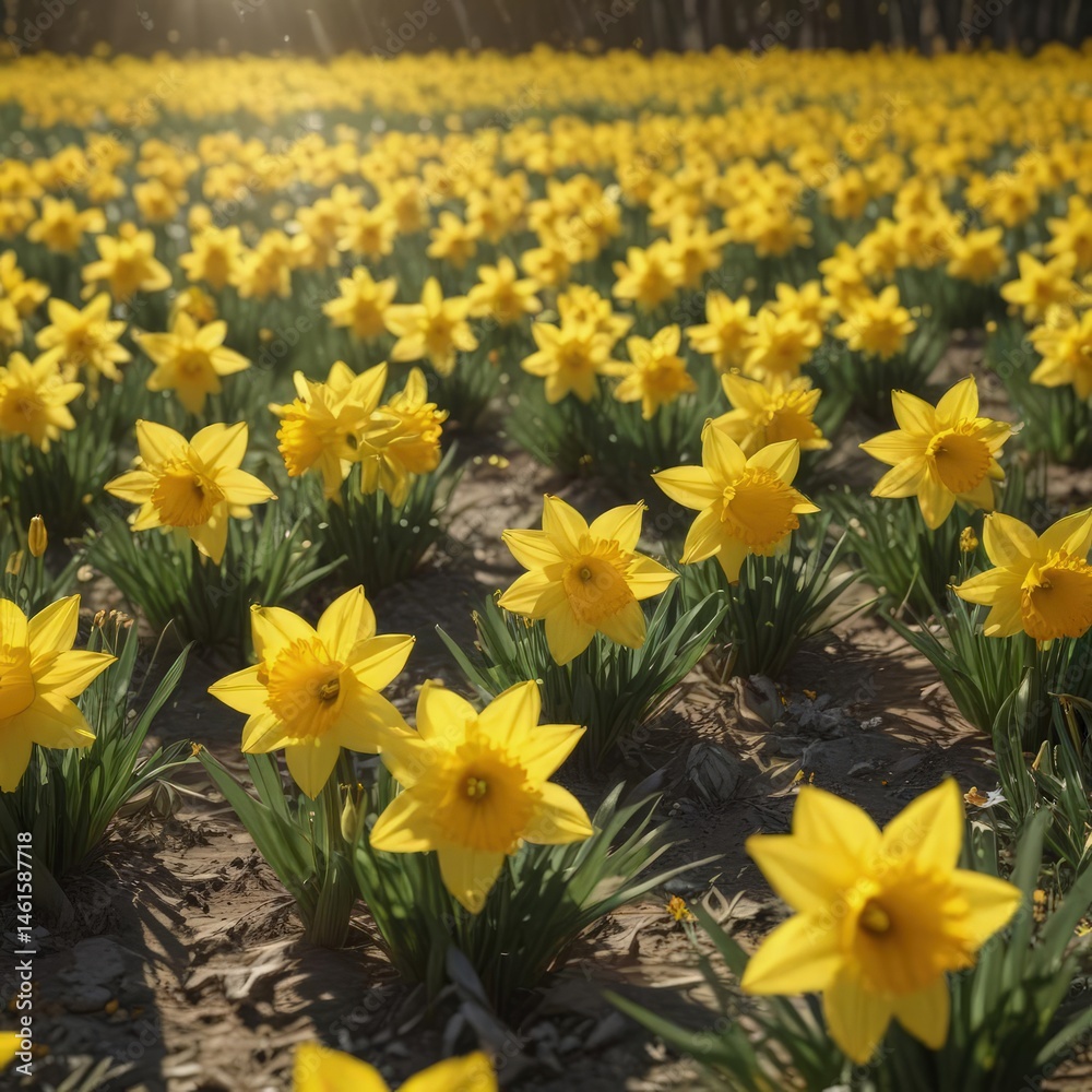 Fototapeta premium Sunlit field of vibrant yellow daffodils, petals gleaming , natural, botany