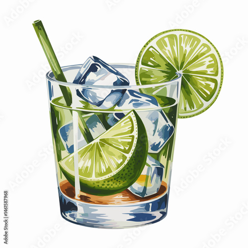 Caipirinha Cocktail with Lime, Ice Cubes and Mint Leaves