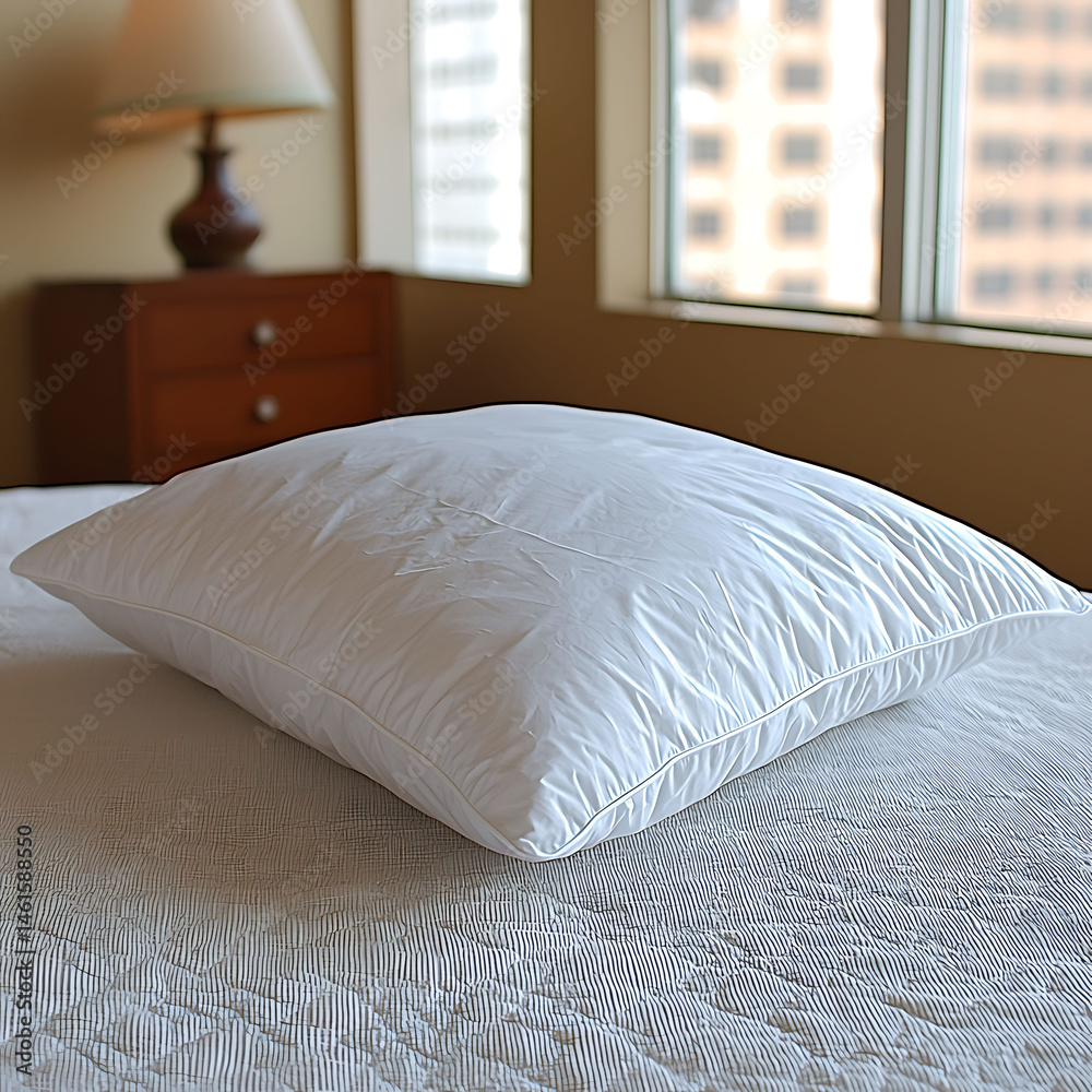 Obraz premium Luxurious white pillow resting on a pristine bed, bathed in soft, natural light. Evokes feelings of comfort, serenity, and relaxation. Ideal for hospitality, travel, or home décor.