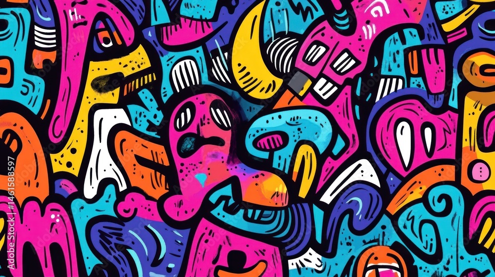 Vibrant abstract doodle pattern with colorful shapes and figures. Vibrant abstract doodle pattern with colorful shapes and figures.