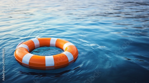 An orange and white lifebuoy floats on calm, blue water, symbolizing safety and rescue at sea.