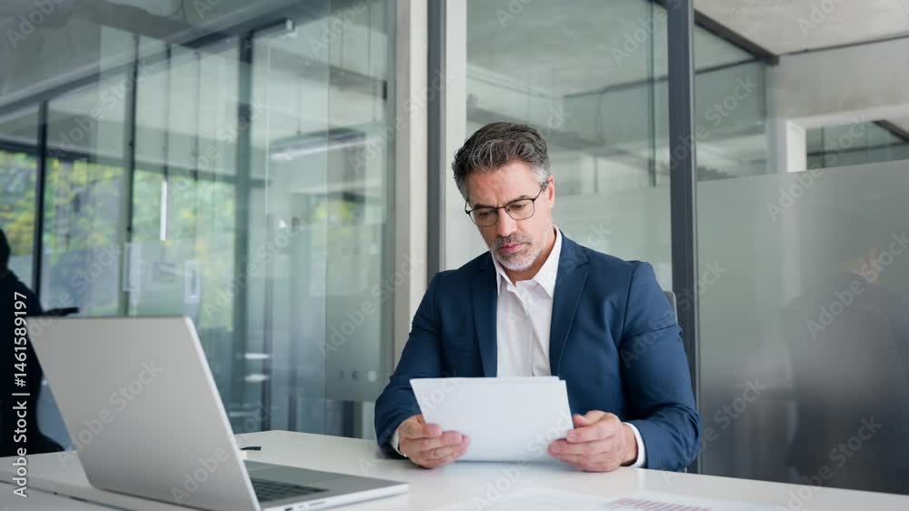 Busy financial specialist senior man working with finance sales document report and pc laptop computer in office. Mature executive businessman professional check analysing business, invest review 