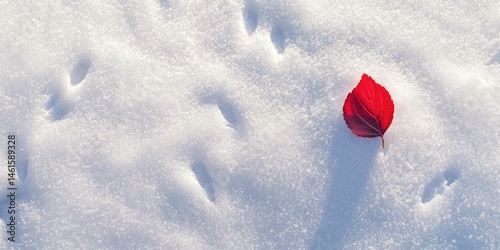 Gentle wind imprint in snow around a single red leaf