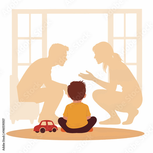 Child observing parents arguing in minimalistic living room, family conflict