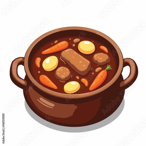 Hearty game meat stew in rustic pot, comfort food concept