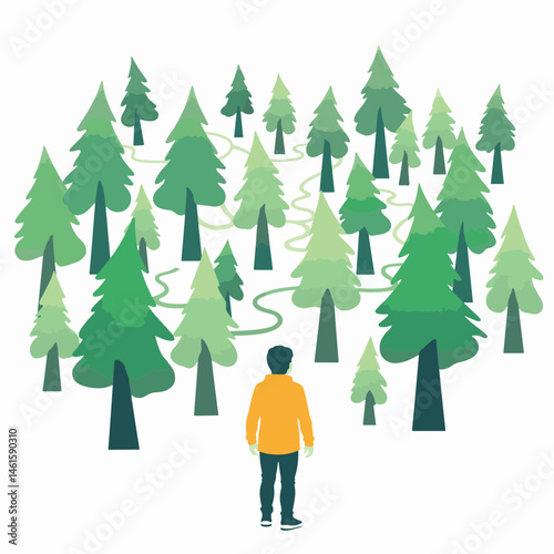 Person exploring abstract forest maze illustration, journey of discovery