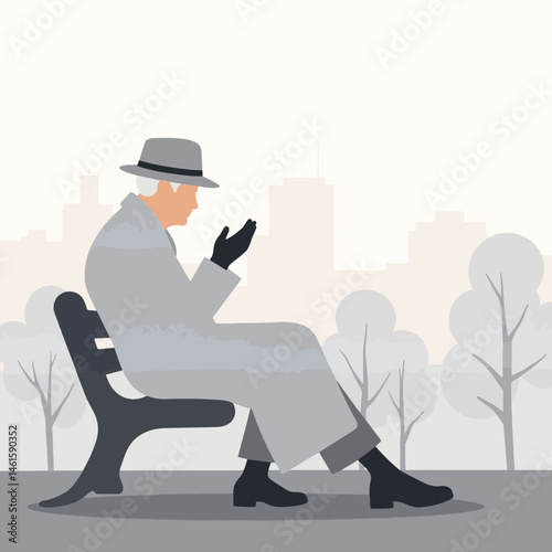 Elderly person coughing while sitting on bench in polluted cityscape, health awareness