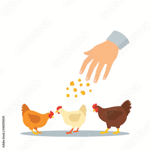 Elderly hand scattering feed for chickens on white background, nurturing