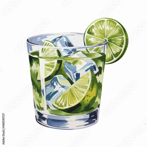 Caipirinha Cocktail with Lime, Ice Cubes and Mint Leaves