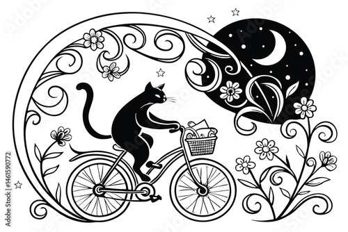 3 Cat riding bicycle, intricate floral patterns, starry night sky, swirling designs, black and white illustration, ornate details, whimsical, fantasy art, decorative cat fur, bicycle with basket, flow