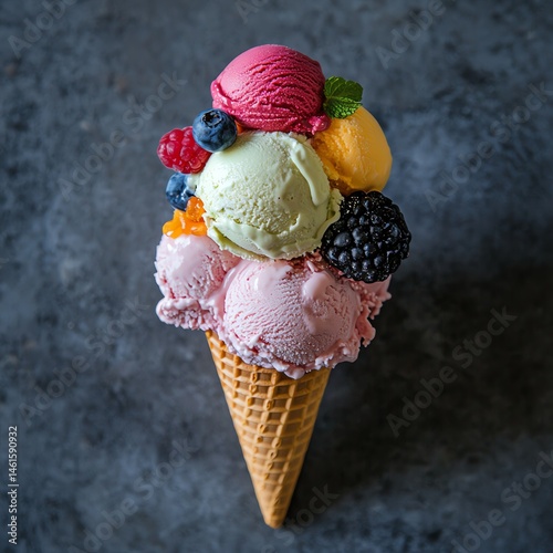 Colorful ice cream scoops with fresh berries in a waffle cone against a dark background.
