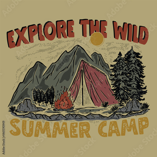 campground illustration graphic t shirt design sunrise badge camp fire vintage adventure outdoor retro style