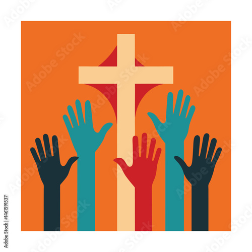 Colorful abstract illustration of raised hands in prayer before a christian cross symbol