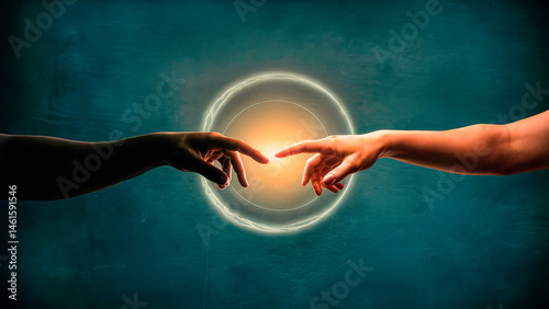 Creation of adam hands reaching connection god divine touch spirituality art