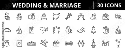 Wedding Ceremony Outline Icons In Clean Linear Minimal Vector Style