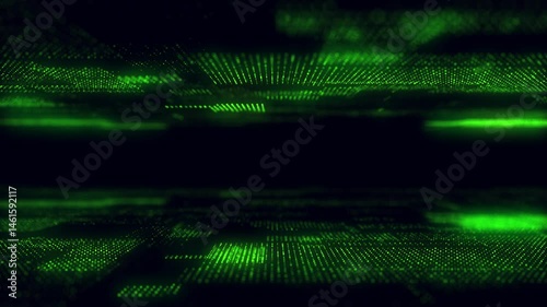 Digital green background of particles. Abstract futuristic illustration. Big data visualization. Technology dynamic dots background. 3D rendering.